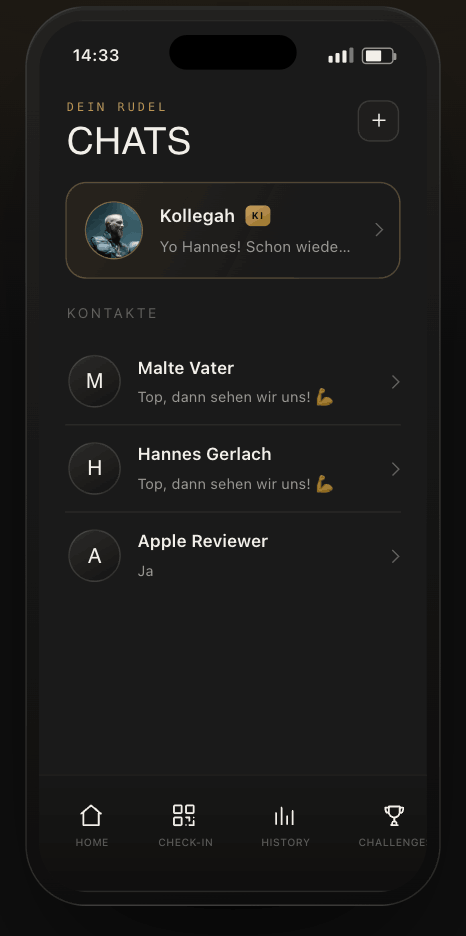 App-Screen Community – Chats mit Kollegah und Kontakten