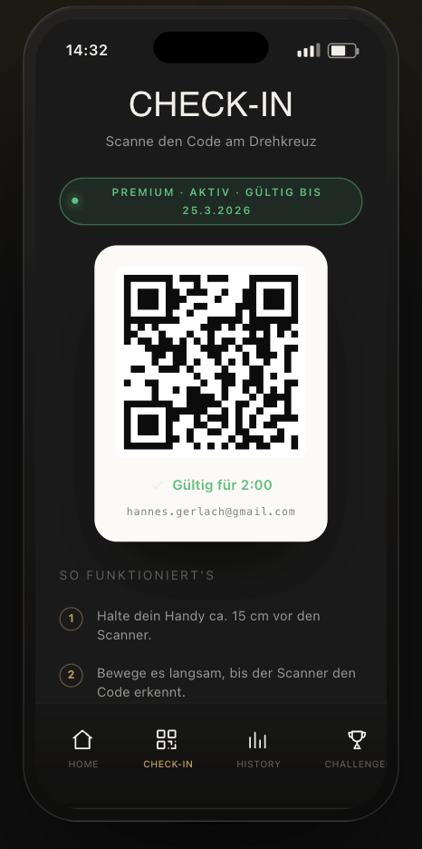App-Screen Check-in – QR-Code am Drehkreuz