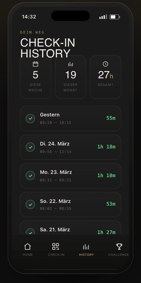 App-Screen History – Check-in-Verlauf